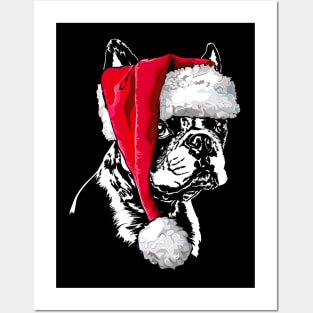 Funny Cute Boston Terrier Santa Christmas dog Posters and Art